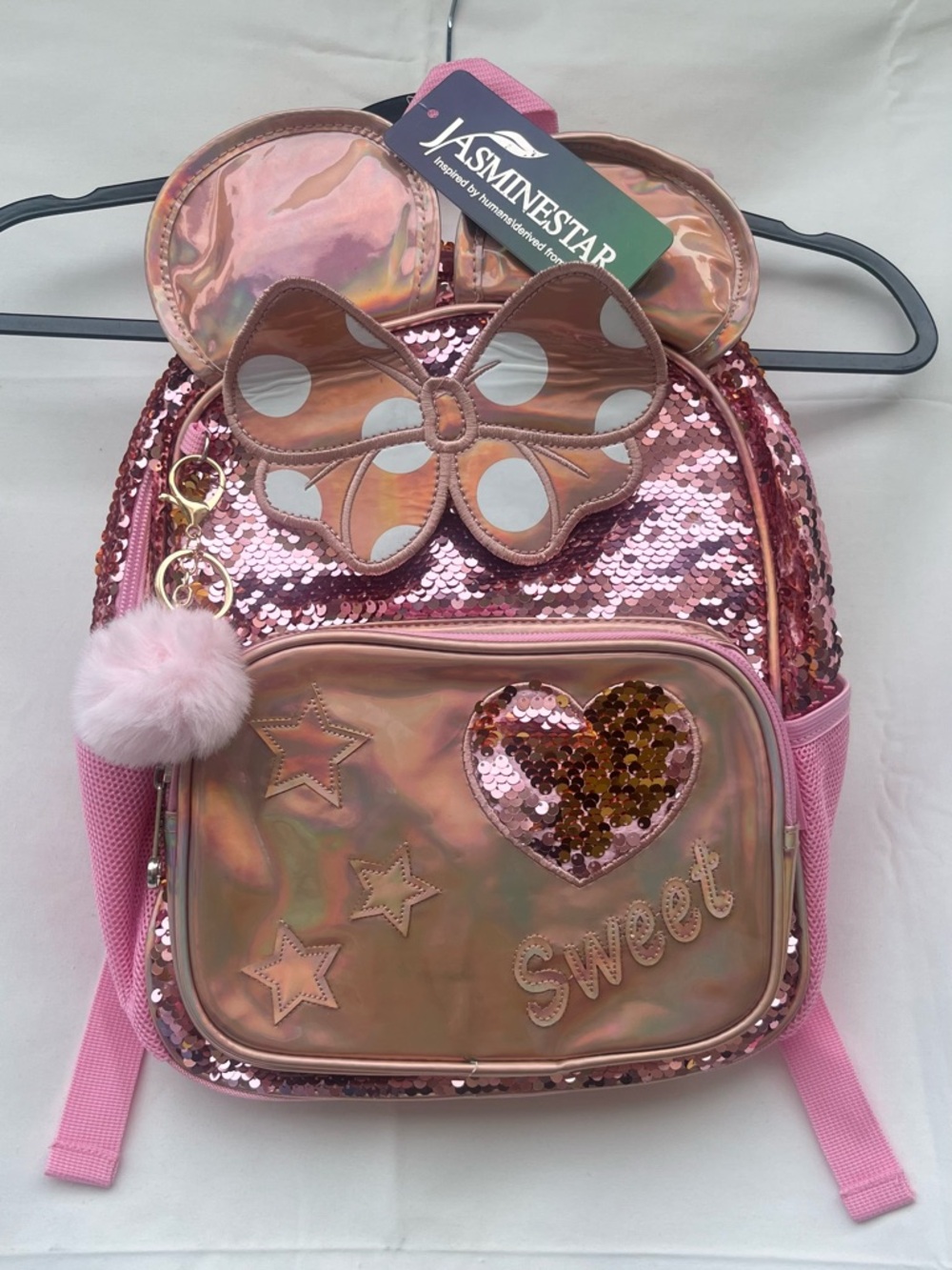 Jasmine Pink Sequin Bow Backpack with Pom Pom Charm
